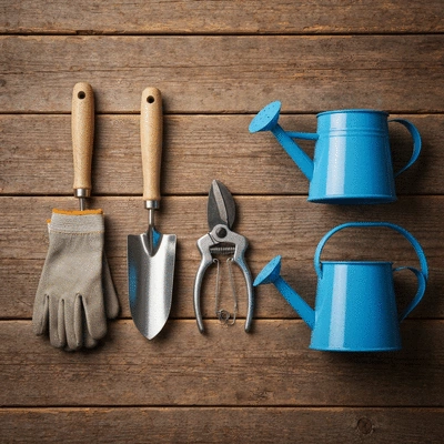 Various gardening tools neatly arranged on a wooden background