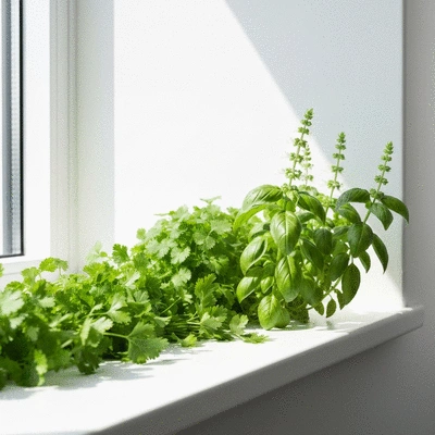 Fresh herbs growing on a windowsill