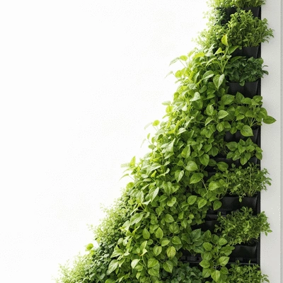 Modern vertical garden with various leafy green plants growing on a wall