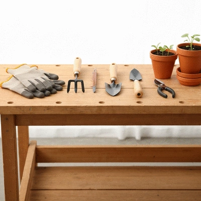 Variety of budget-friendly garden tools neatly arranged on a workbench, with gardening gloves and small plant pots, no text, no words, no typography, no labels, clean image