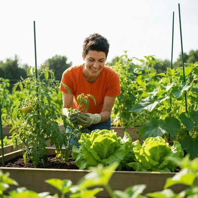 Person happily tending to vibrant plants in a raised garden bed
