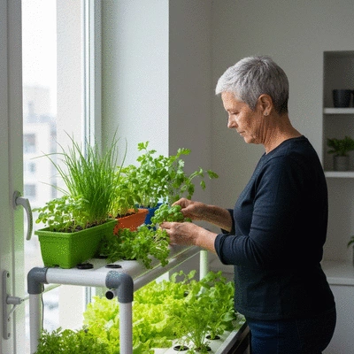 A person tending to a small, thriving aquaponics system in an urban apartment, with fresh herbs and vegetables, no text, no words, no typography, 8K