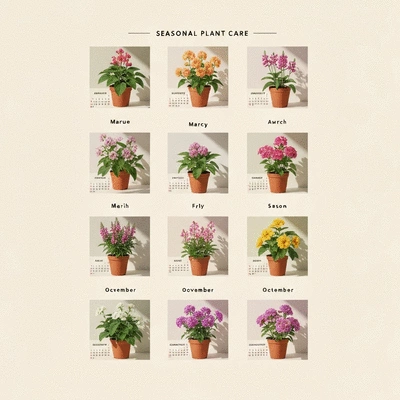 A beautifully designed seasonal plant care calendar with illustrations of plants for each season, no text, no words, no typography, clean image