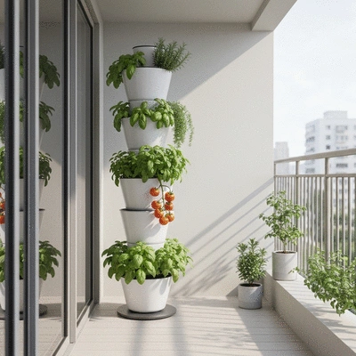 Modern vertical plant tower with various herbs and vegetables growing in an urban apartment balcony