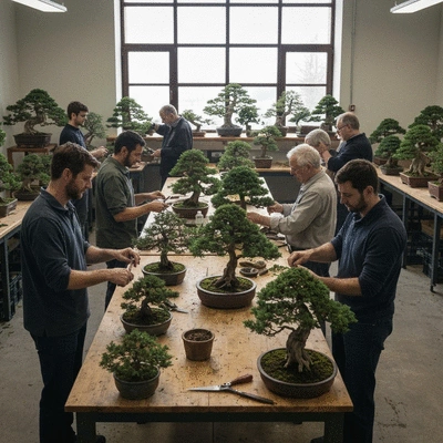 Bonsai workshop with enthusiasts collaborating