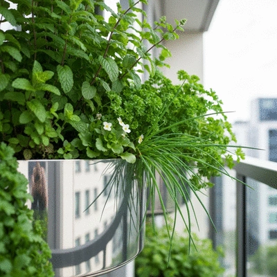 Close-up of a stylish vertical planter with various herbs and small plants growing, in a modern urban balcony setting, no text, no words, no typography, no labels, clean image
