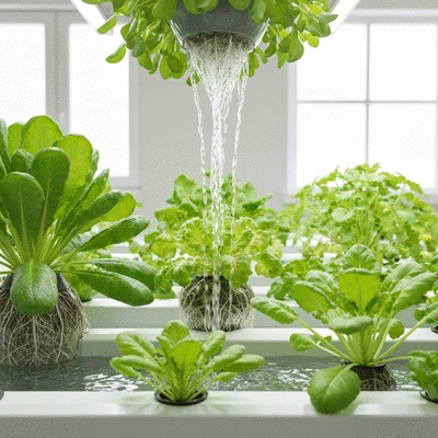 Modern indoor hydroponic garden setup with various green plants growing