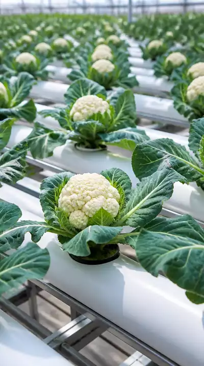 Ultra high-quality photorealistic image of hydroponic cauliflower farm