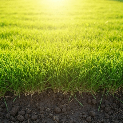 Lush green organic lawn with healthy soil visible, bright sunshine, no text, no words, no typography, 8K