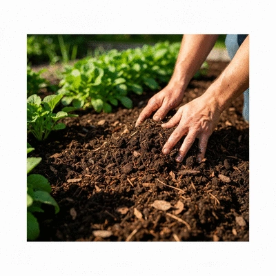 Gardener's hands gently spreading organic compost or mulch onto a garden bed, focusing on the texture and richness of the material. no text, no words, no typography, no labels, clean image