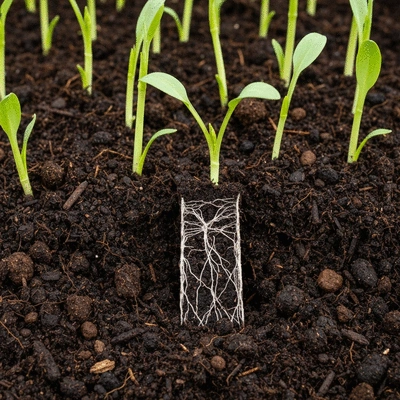 Close-up of healthy garden soil with visible organic matter and strong plant roots, no text, no words, no typography, clean image