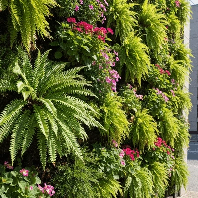 Close-up of a vibrant soil-based green wall with various ferns and flowering plants