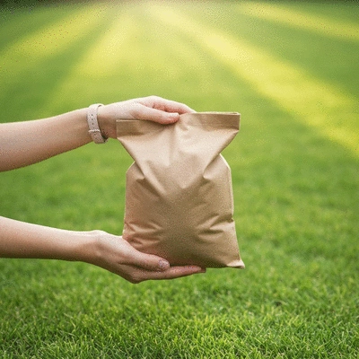 Hands holding a bag of grass seed with a lush green lawn in the background