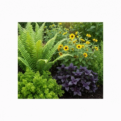 Close up of various companion plants growing together in a vibrant garden bed, demonstrating healthy plant interactions