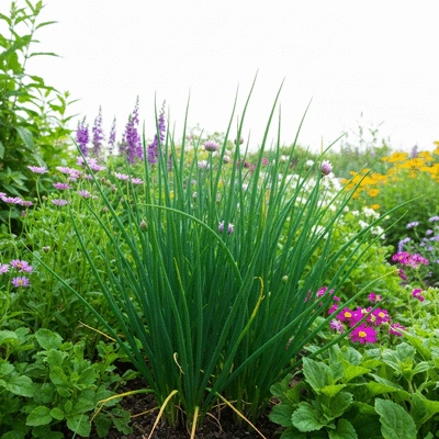 Beautiful garden with fresh chives growing