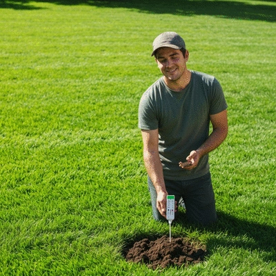 Gardener holding a soil test kit with a lush green lawn in the background, bright natural light, no text, no words, no typography, clean image