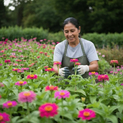 Gardener happily inspecting vibrant zinnia flowers