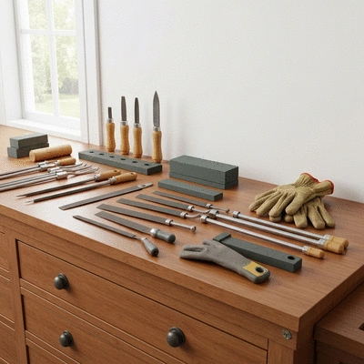 Assortment of garden tools including files, whetstones, and gloves laid out on a wooden workbench, ready for sharpening