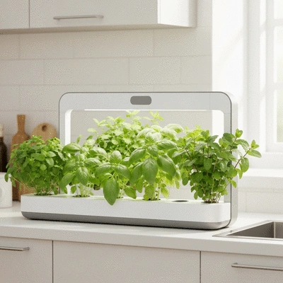 Modern countertop hydroponic garden kit with fresh herbs in a kitchen setting