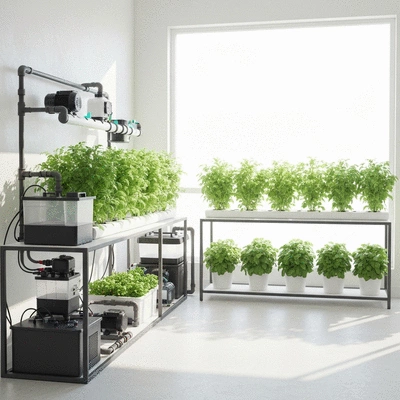 Hydroponics setup with various equipment