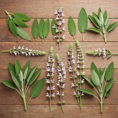 Various types of sage leaves and flowers artfully arranged on a rustic wooden table, showcasing different colors and textures