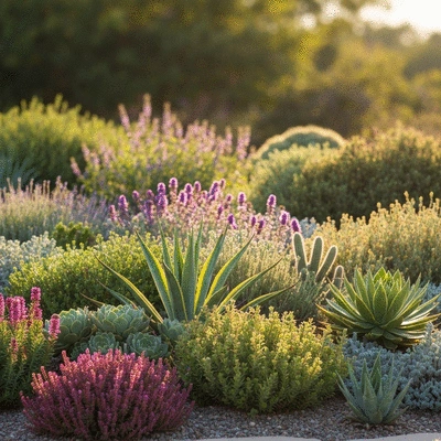 Beautiful drought-tolerant garden with various plants thriving in dry conditions