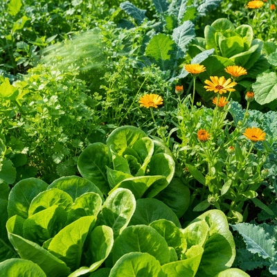 A diverse organic vegetable garden with companion plants growing together harmoniously