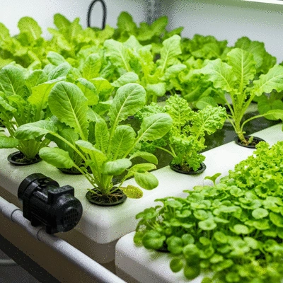 Hydroponic setup with lush green plants growing in water, no text, no words, no typography, clean image