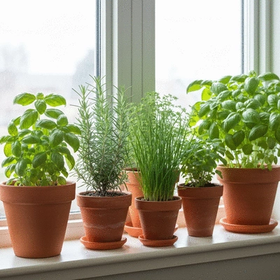 Indoor herb garden on a windowsill showing various herbs in terracotta pots, well-lit, no text, no words, no typography, clean image