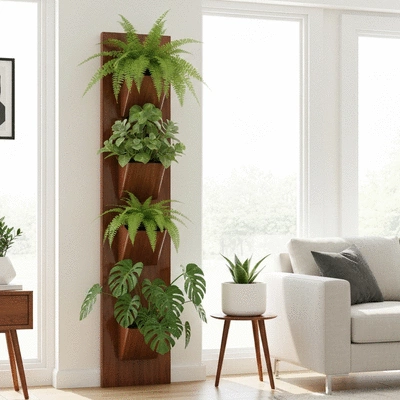 Vertical plant stand in a modern living room setting