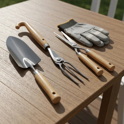 Array of various organic gardening tools laid out neatly on a rustic wooden table, including a trowel, pruning shears, hand fork, and gloves, in a bright, natural light setting, no text, no words, no typography, clean image