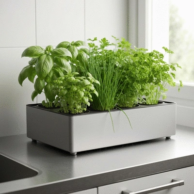 Fresh herbs growing in a modern indoor herb garden kit on a kitchen counter, close-up, natural light