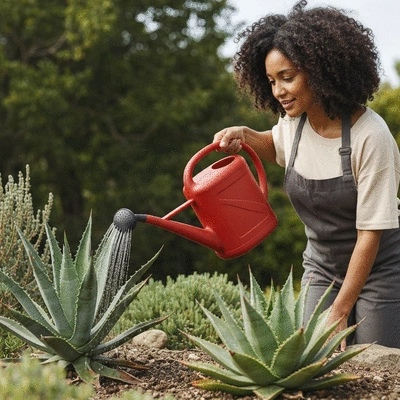 Gardener holding a modern, ergonomic watering can with a targeted spout, watering a drought-resistant plant