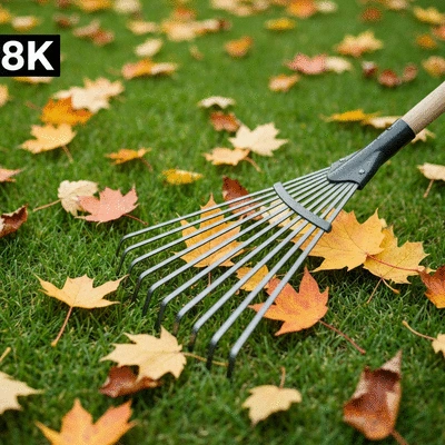 Close-up of a garden rake with fallen autumn leaves on a lush green lawn