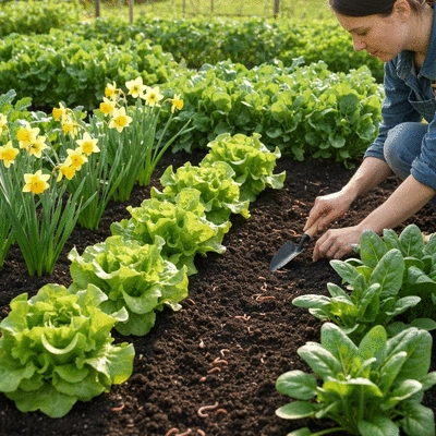 Gardener planting seeds in a well-organized garden bed, demonstrating succession planting