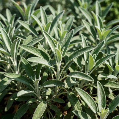 Close-up of vibrant sage plants with silvery-green leaves growing in a garden under natural sunlight