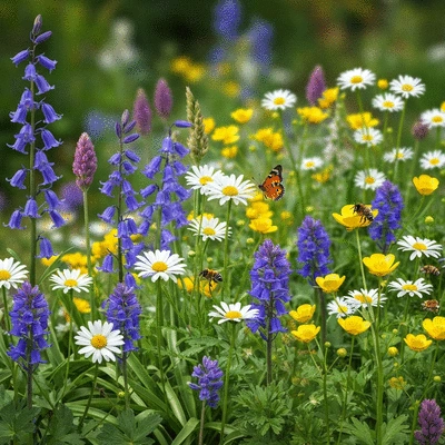 A vibrant wildflower garden buzzing with bees and butterflies