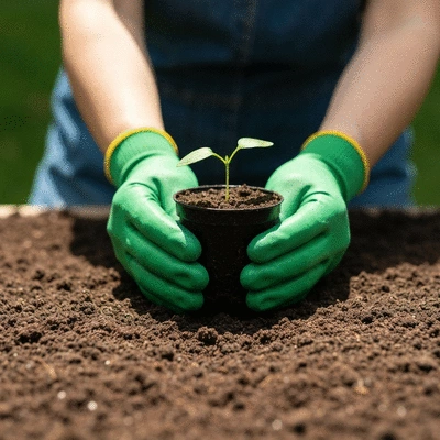 Person holding a small potted plant ready for planting