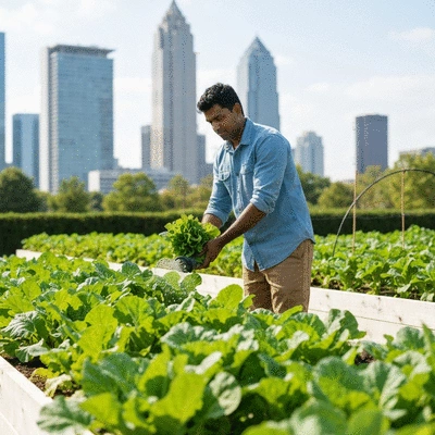 Urban gardener tending to a raised garden bed filled with vegetables, city skyline in background