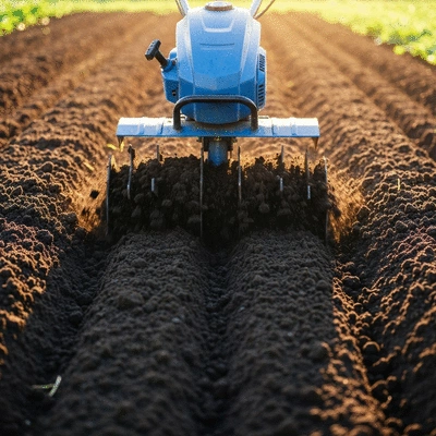 Close-up of an electric tiller breaking up compacted soil in a vegetable garden, showing rich, dark earth being turned over.