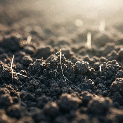 Close-up of healthy garden soil with visible microorganisms and roots