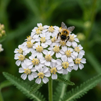 Close-up of a vibrant Yarrow plant in full bloom, attracting a bee