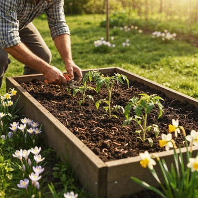 Gardener tending to a raised garden bed in spring, showing healthy soil and young plants