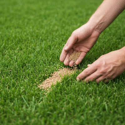 Gardener applying fertilizer to a lush green overseeded lawn
