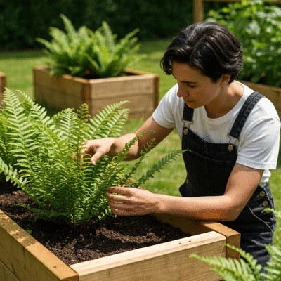 Gardener inspecting a plant in a garden bed