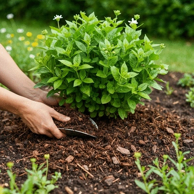 Gardener applying organic mulch around the base of a plant