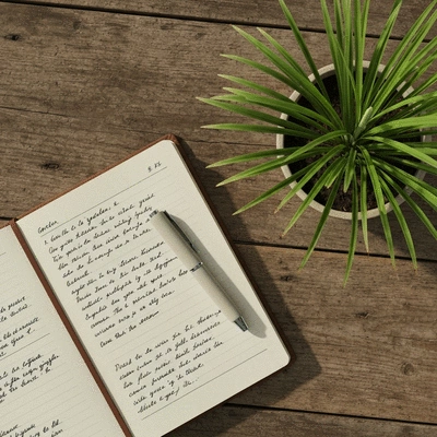 Overhead shot of a garden journal with handwritten notes and a pen, next to a small potted lemongrass plant