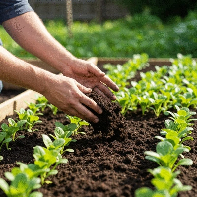 Hand spreading organic compost on a garden bed