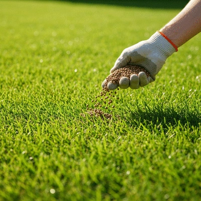 Organic fertilizer granules being spread on a lush green lawn