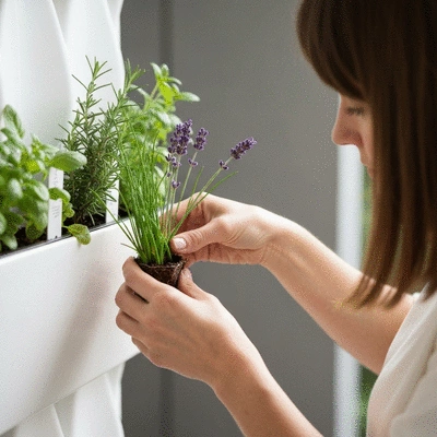 Close-up of hands planting small herbs in a vertical planter